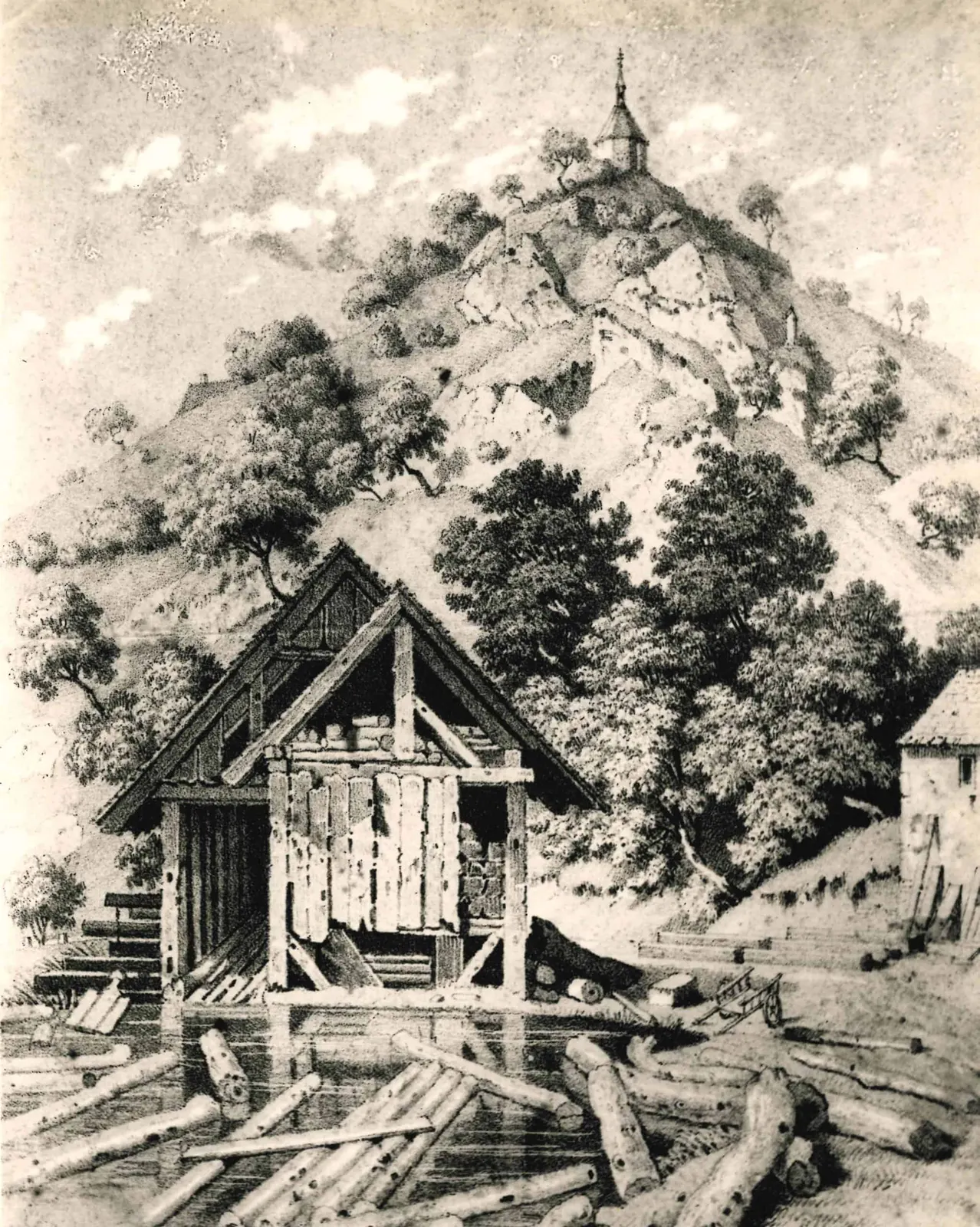Représentation historique de la scierie Steinbiss au bord de l’eau, avec une chapelle sur le rocher